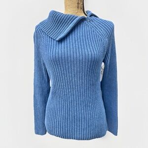 Carole Little Chunky Knit Cotton Sweater Ribbed Blue Side Zip Size Large